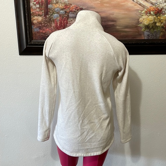 Athleta Cozy Karma Asymmetric Fleece Mock Neck Funnel Pullover Oatmeal Heather - Picture 5 of 16